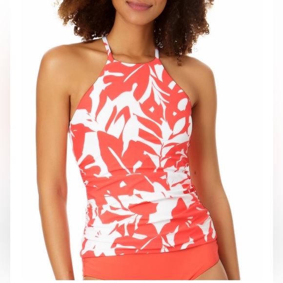 Anne Cole Women's Coastal Palm Printed High Neck Tankini Top Swimsuit Orange